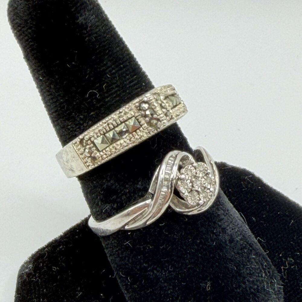 Sterling Silver Marcasite and Diamond Rings Lot of 2 Size 8 Vintage 925